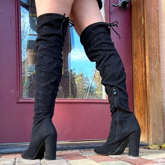 90’s Fashion Forever Thigh High Women’s Boots Suede Rhinestone Studded Size 9 - Picture 2 of 15
